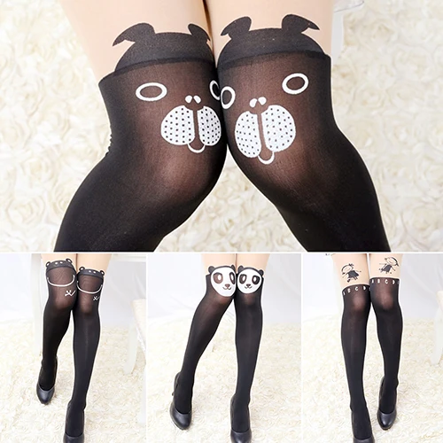 Женские черные тонкие колготки с мультяшным рисунком милые Лоскутные Колготки