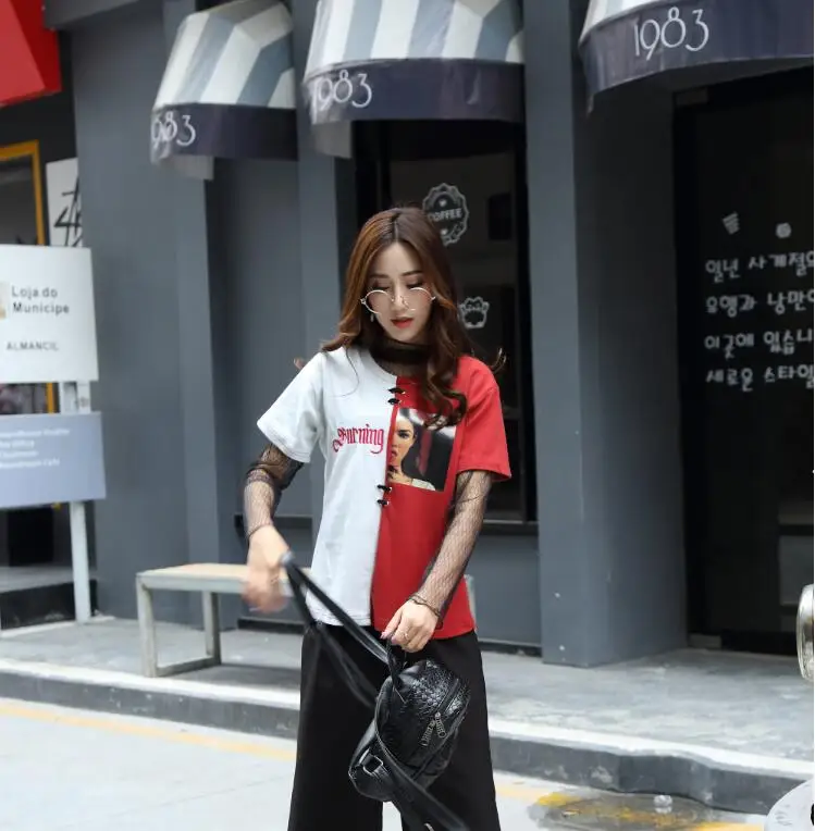 Прошитая контрастная свободная футболка с короткими рукавами женские футболки