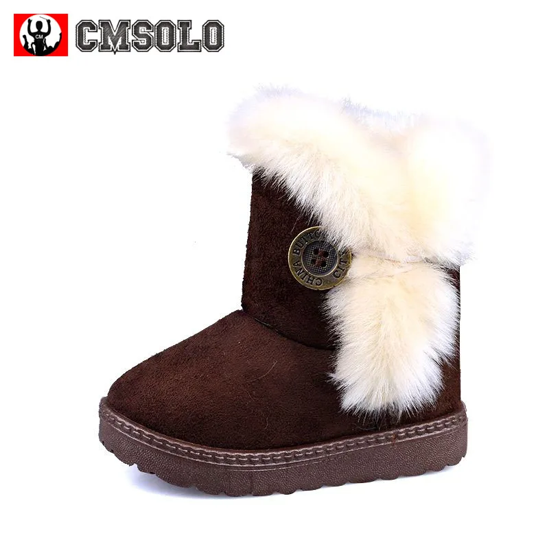 CMSOLO Boots For Girls Warm Rubber Boot Boys Plush Winter Children Brown Shoes Buckle Fur Flat Kids | Детская одежда и обувь