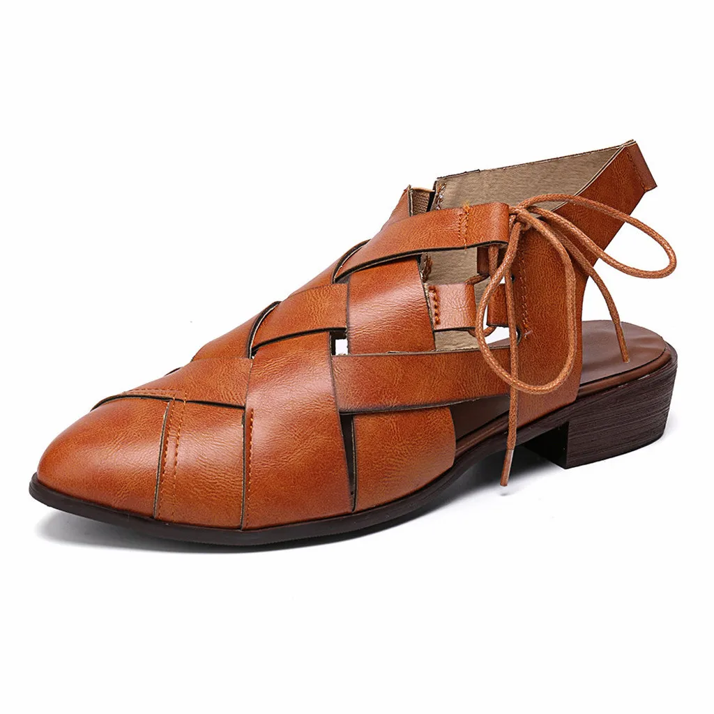 Летние босоножки женская обувь с острым носком на низком каблуке ремешками в