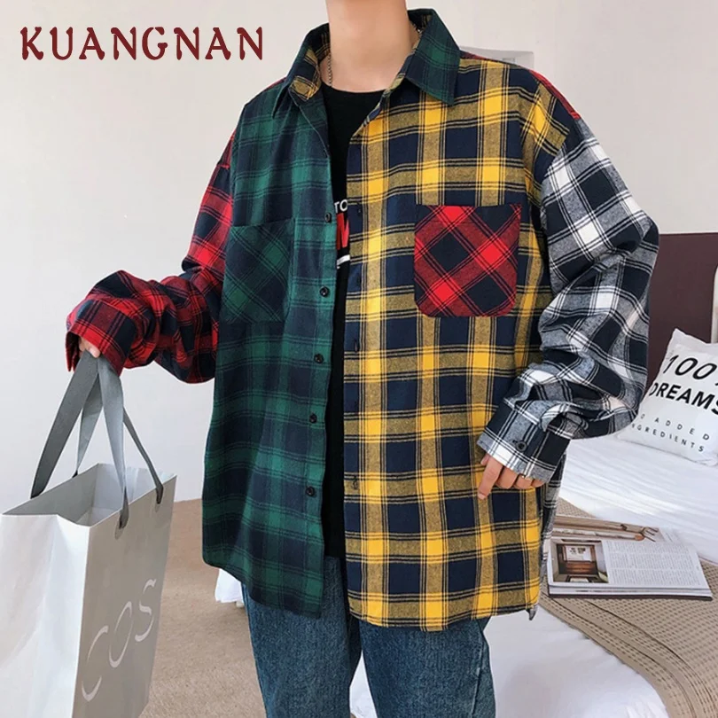 KUANGNAN Лоскутная красная клетчатая рубашка Мужская Уличная мужские рубашки с длинным рукавом хлопок мужские Рубашки повседневные облегающие XXXL ВЕСНА Новинка