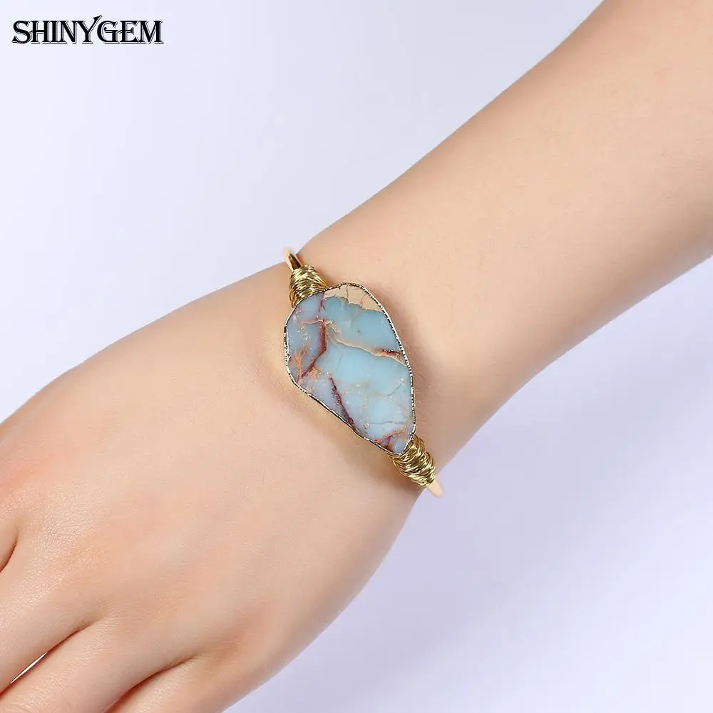 ShinyGem браслет с природными камнями винтажный необычный большой Jaspers камень браслет ручной работы Золотая проволока открытый манжета браслеты для женщин