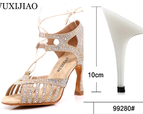 Glod heel 10cm Wuxijiaonew красный и золотистый; Flash ткань Сальса Обувь для танцев мягкая подошва Латинской кизомба Танго бальных Обувь для танцев на высоком каблуке 6/7. 5/8. 5/10 см - Цвет: Glod heel 10cm