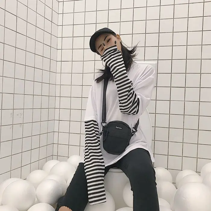 Polera Mujer, женская модная футболка, корейский стиль, Ulzzang, Harajuku, имитация двух частей, полосатая футболка, Женский Топ с длинным рукавом