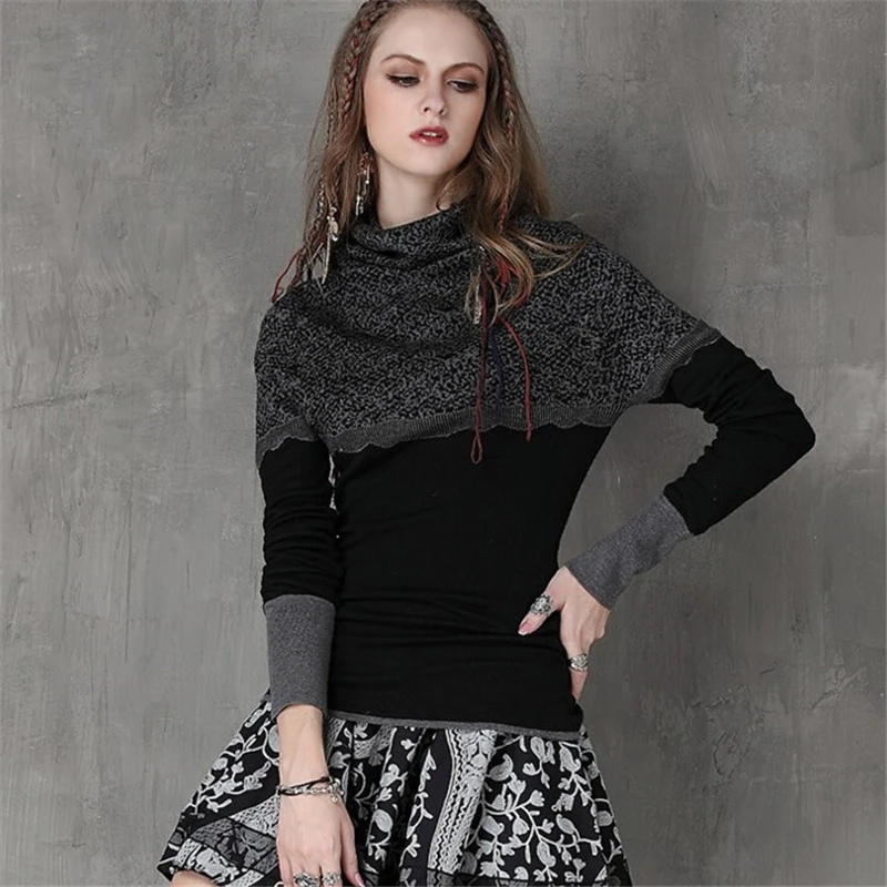 Autumn Winter Sweater Women 2020 Knit Jacquard Elastic turtleneck Pullover Retro Stitching Wool Femme Tops | Женская одежда
