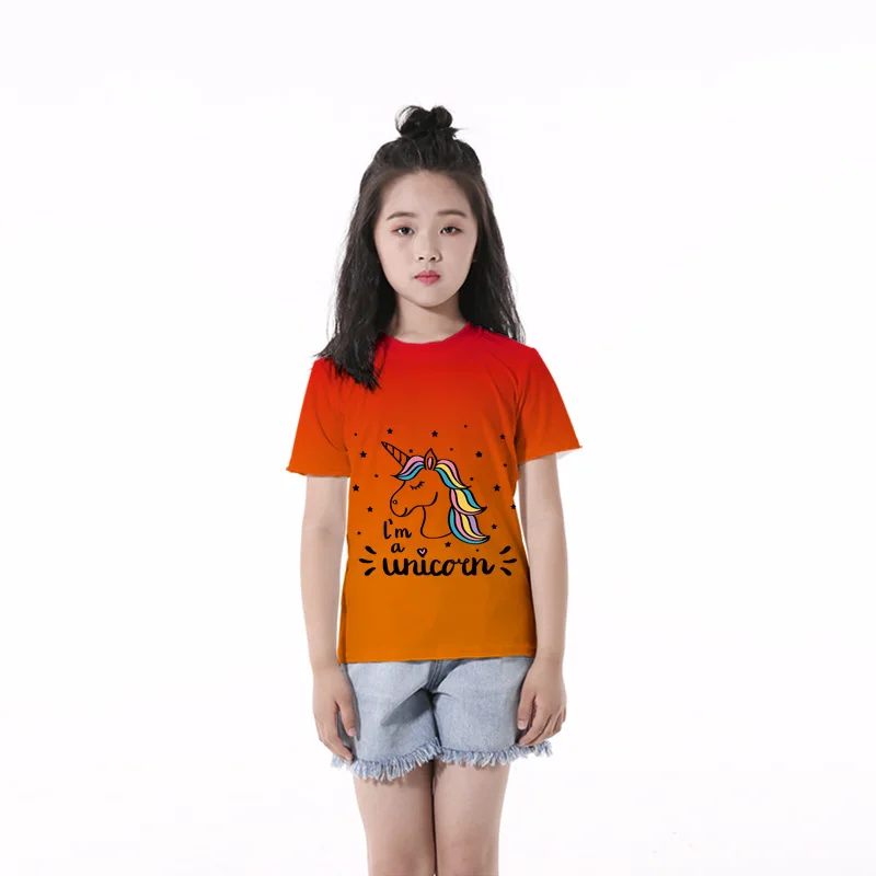 

Girls 3-10 Y Summer O-neck Short Sleeve 3D Digital Print Thinking Unicorn Pattern T-shirt Fashion Korean Style Girls T-shirts