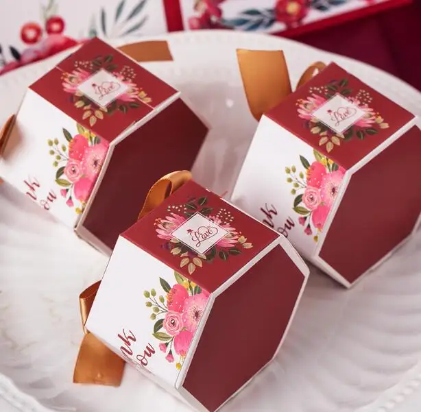 50 шт. новые бордовые шестигранные свадебные коробочки для конфет bomboniera Sachet