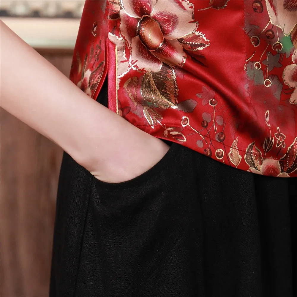 Шанхай история цветочный Cheongsam рубашка Qipao топ с коротким рукавом Китайский традиционный топ из искусственного шелка китайская блузка для женщин