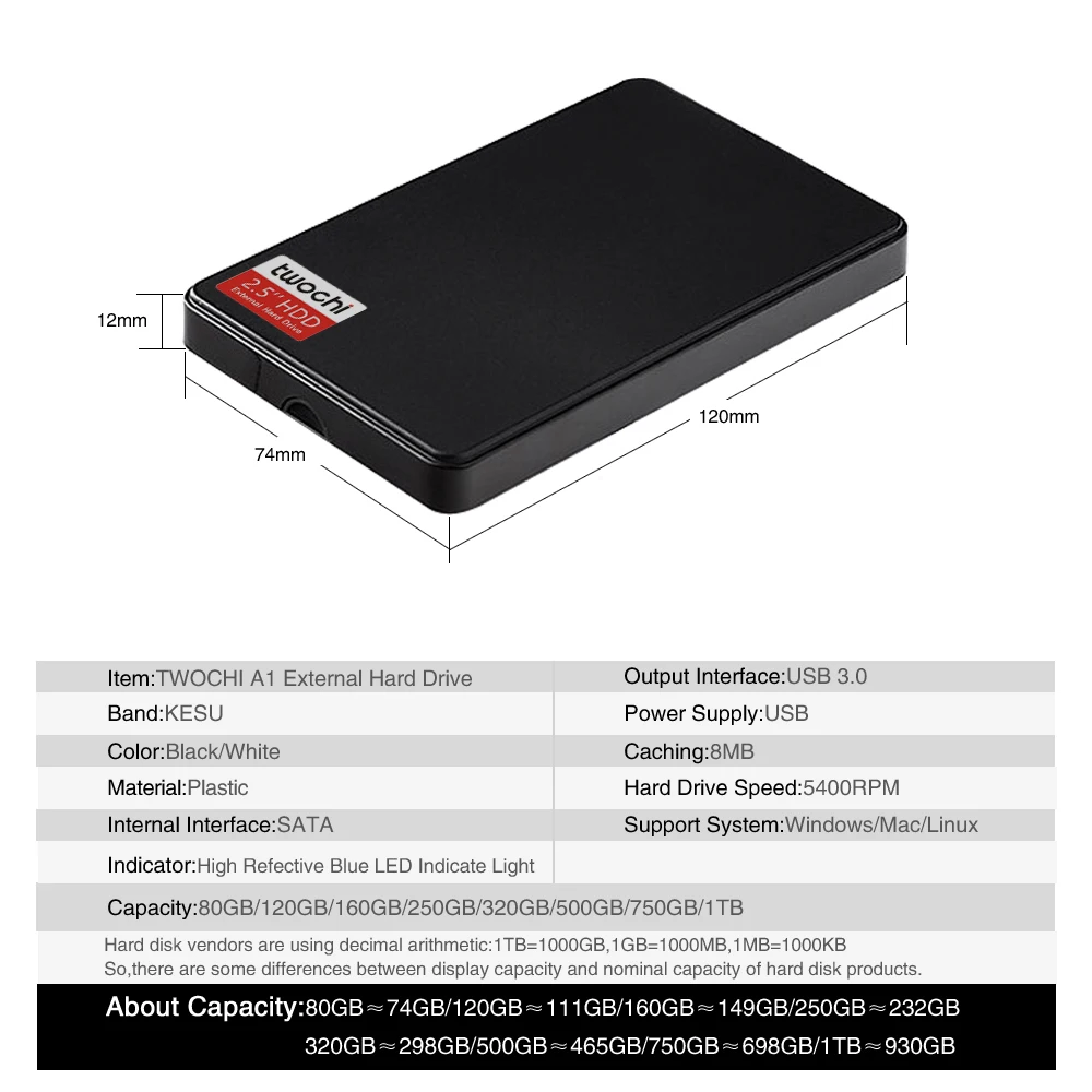 TWOCHI A1 USB3.0 2 5 дюймовый внешний жесткий диск 80 ГБ 120 Гб 160 250 320 500 портативный Plug and Play