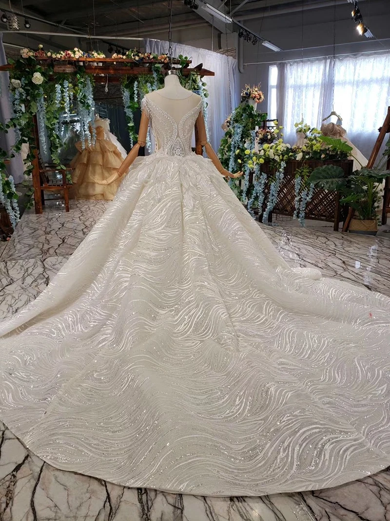 HTL537 блестящее кружевное свадебное платье с кисточками с короткими рукавами и кружевами на две стороны Иллюзия сзади бальное платье свадебное платье trouwjurken бал