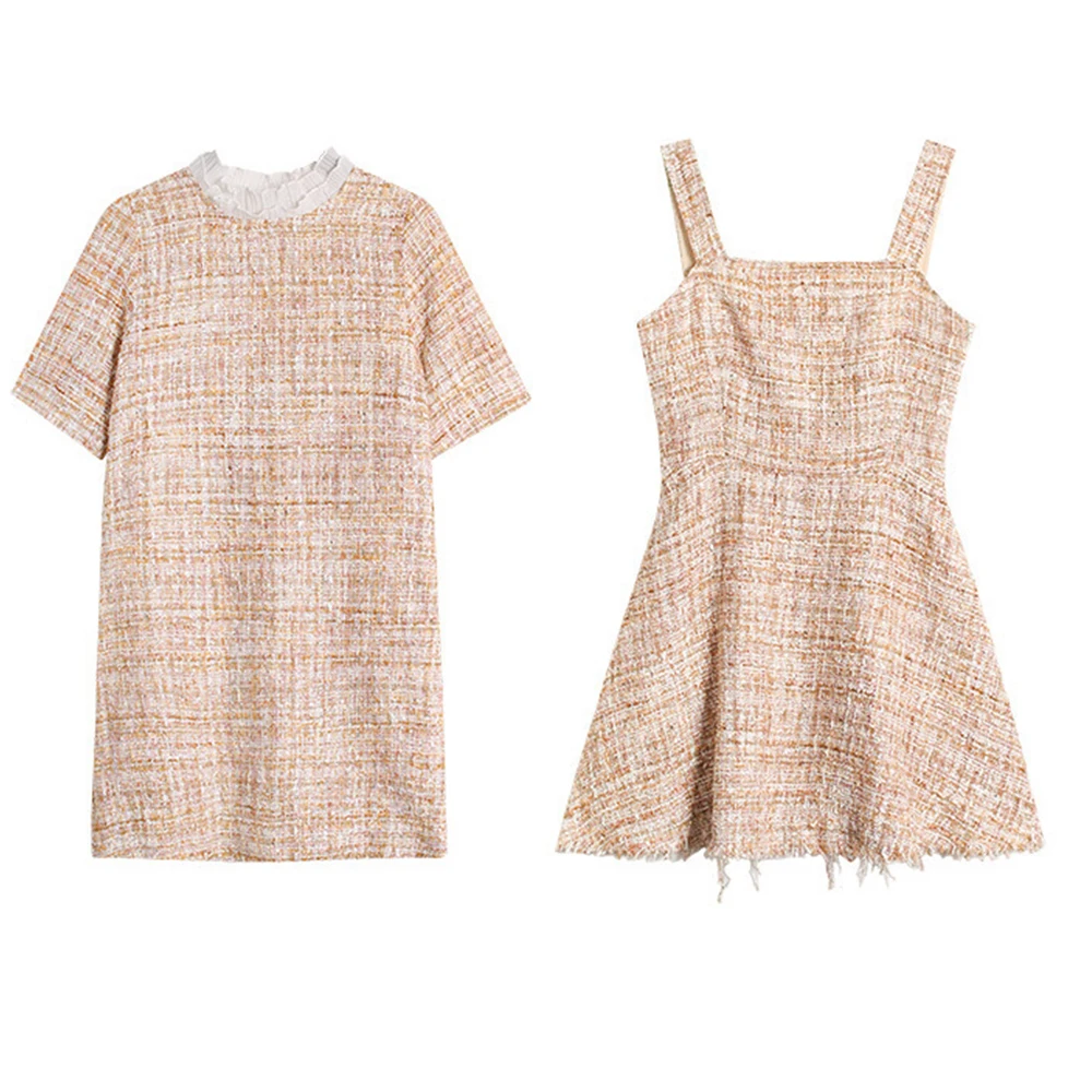 Женское твидовое платье с коротким рукавом FTGSDLONG подиумное ТРАПЕЦИЕВИДНОЕ