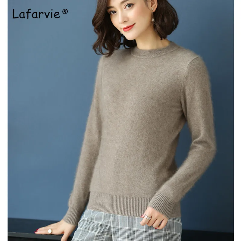 camel Lafarvie, осенне-зимний вязаный норковый кашемировый свитер с круглым вырезом, женские топы, теплый пуловер с длинным рукавом, Женский однотонный базовый свитер - Цвет: camel