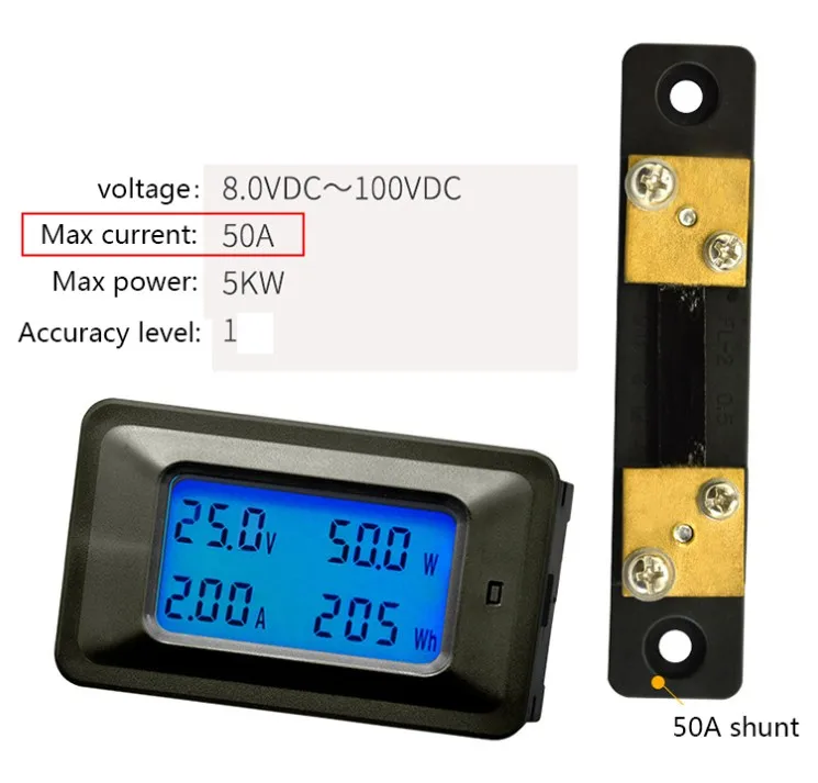 Meter with 50A shunt 4 в 1 DC Цифровой ЖК-измеритель напряжения тока тестер 8-100 в 0~ 50A/100A Мощность монитор панель Автомобильный датчик 100A шунта - Цвет: Meter with 50A shunt