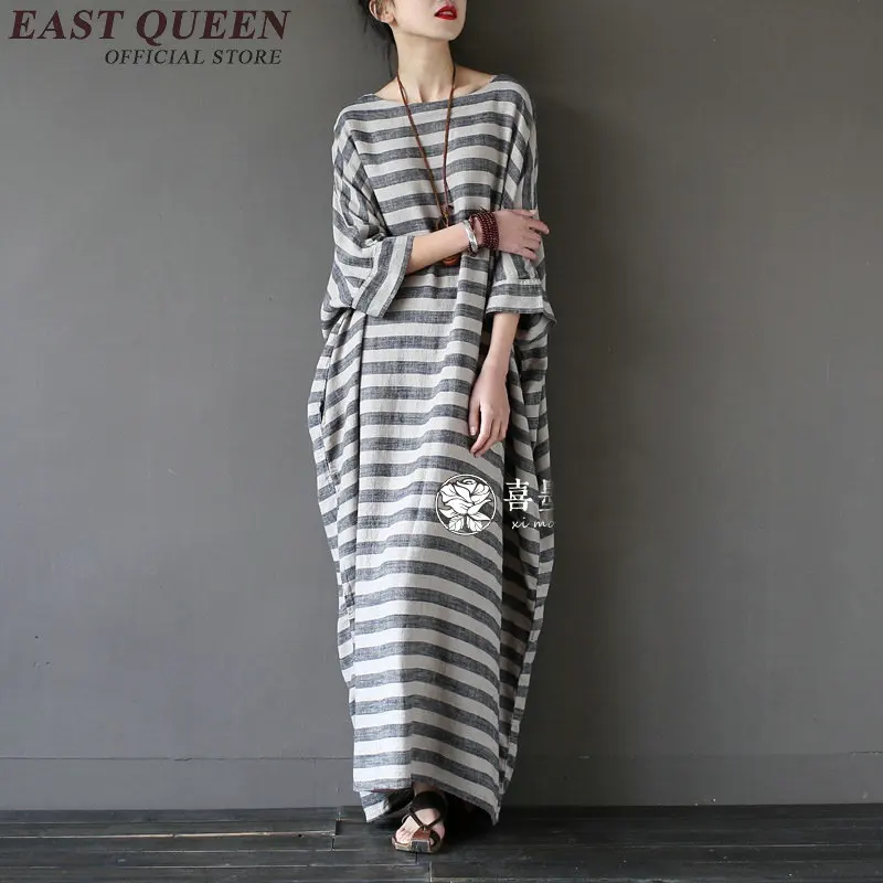 

Linen dresses summer oriental style dresses women summer long dress 2018 new batwing sleeve striped robe AA2569 YQ
