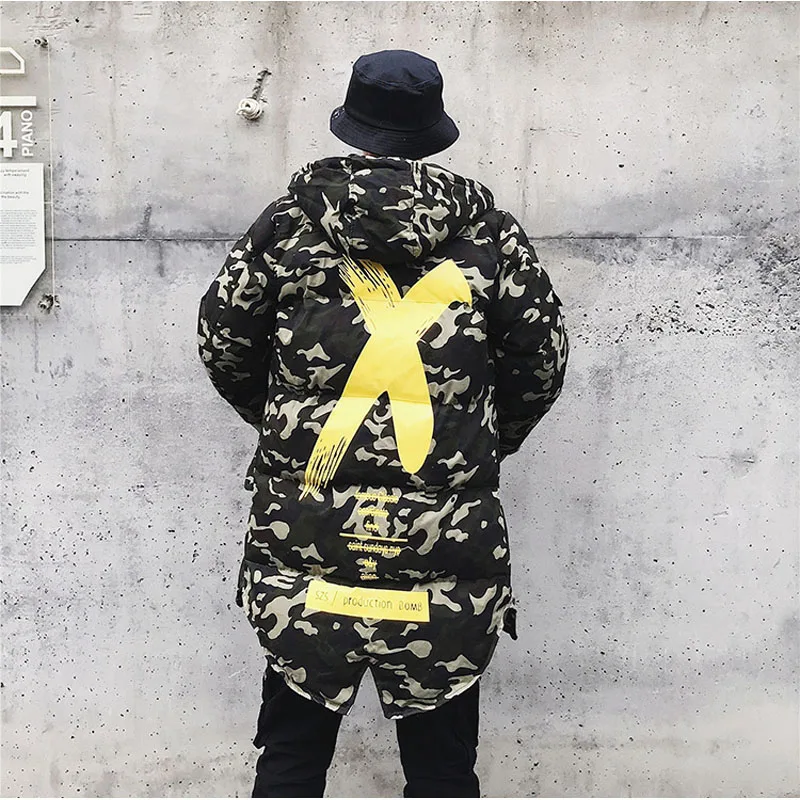 Теплая куртка Для мужчин длинные камуфляжная хип хоп Camo толстые куртки пальто