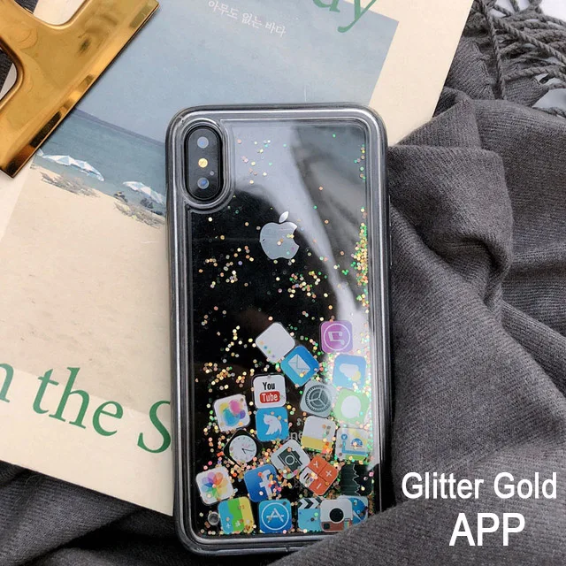 Чехол Quicksand Capinha для iPhone 5, 5S, SE, 8, 8 Plus, 7, 7 Plus, 6 s Plus, динамический жидкий Жесткий Чехол для iPhone 5, X, XR, XS, Max, приложение Capa - Цвет: APP Glitter gold