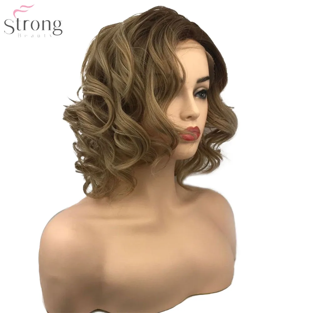StrongBeauty синтетический кружевной передний парик светильник коричневый/серый Волосы Омбре Средний кудрявый натуральный парик