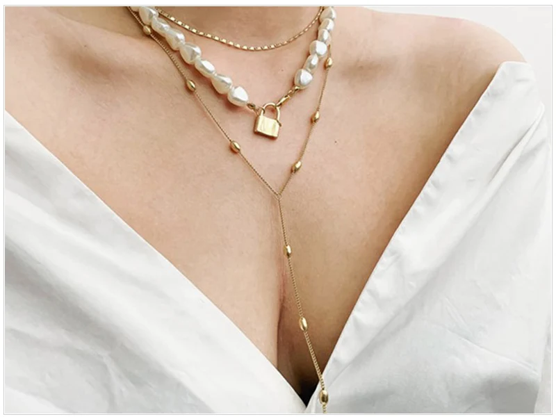 SRCOI Hip Hop Multi-layer Irregular Freshwater Pearls Chain Metal Beads Line Lock Pendant Necklace Gold Color Boemia Women Neckl