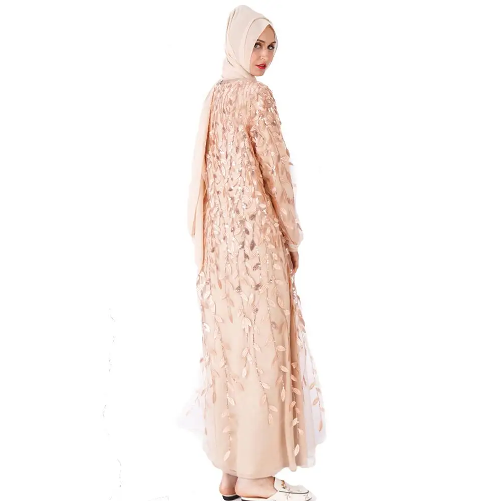 Женский кружевной открытый кардиган с вышивкой мусульманское Макси abaya блестки пайетки ислам Дубаи халат Рамадан модные платья Вечерние Коктейльные