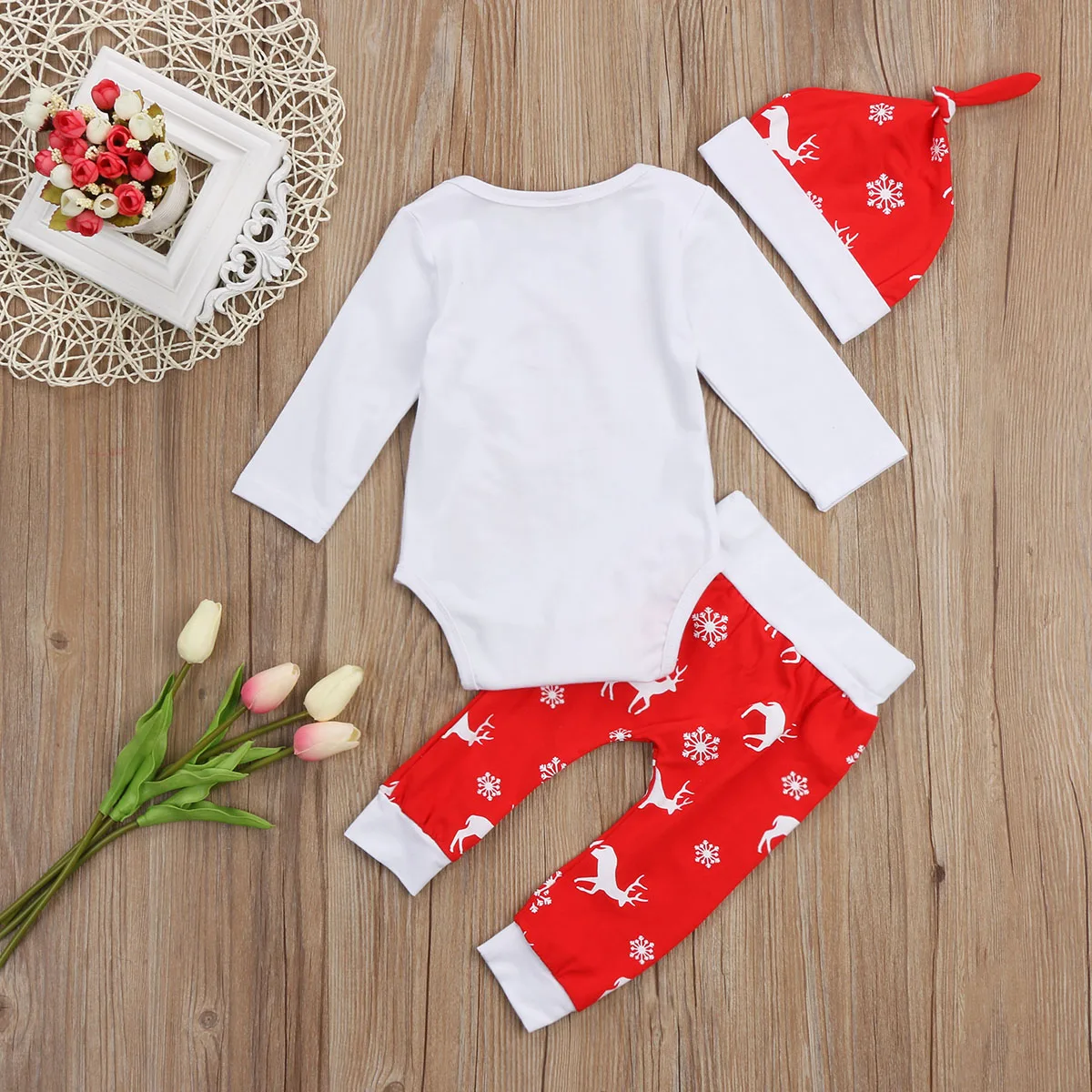 

2020 Brand New Able Toddler Infant Newborn Boy Girl Snowflake Christmas Long Sleeve Romper Pant Hat 3Pcs Outfits Set 0-24M