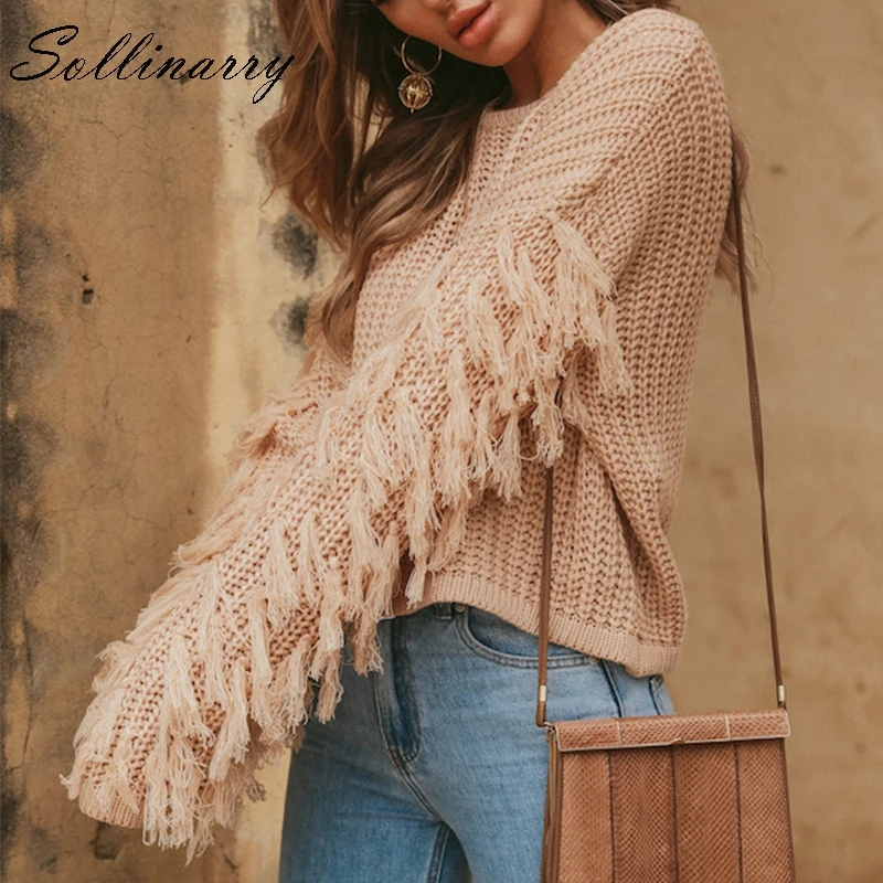 Sollinarry Light Pink Knit Sweater Women Solid Long Sleeve Tassel O Neck Pullover Casual Short Jumper Green | Женская одежда