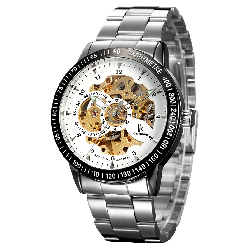 

IK Colouring Mechanical Skeleton Watch Auto Stainless Steel Case Leather Strap Relogio Masculino