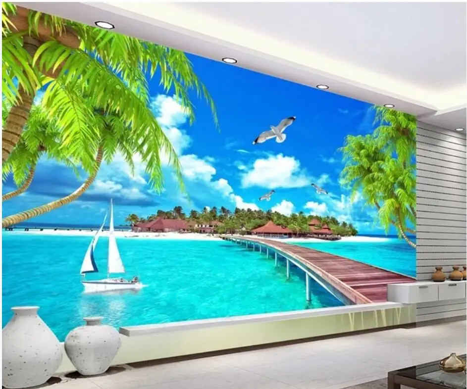 Пользовательские фото 3d обои Maldives пляж кокосовое дерево Эгейское ТВ фон