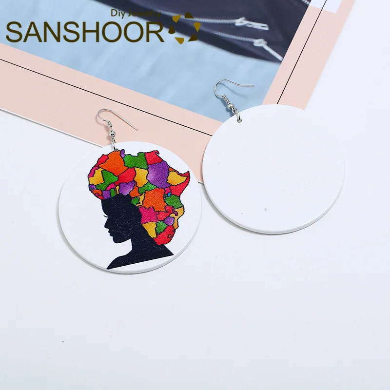 SANSHOOR напечатанные африканские натуральные волосы деревянные серьги