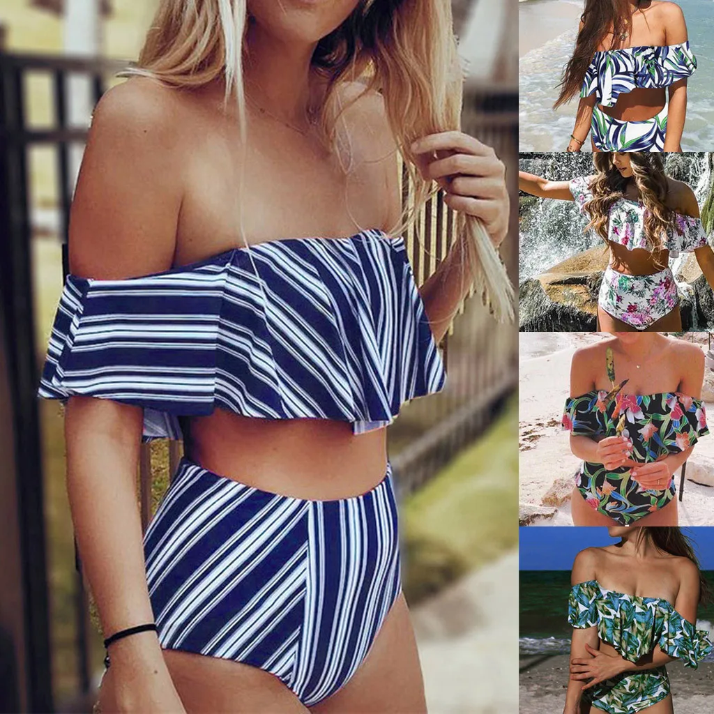 Sexy Women's 2019 Summer Off Ruffle Shoulder Padded Push-up Bra Hight Waist Bikini Set Striped Swimsuit Flower Print Swimwear |