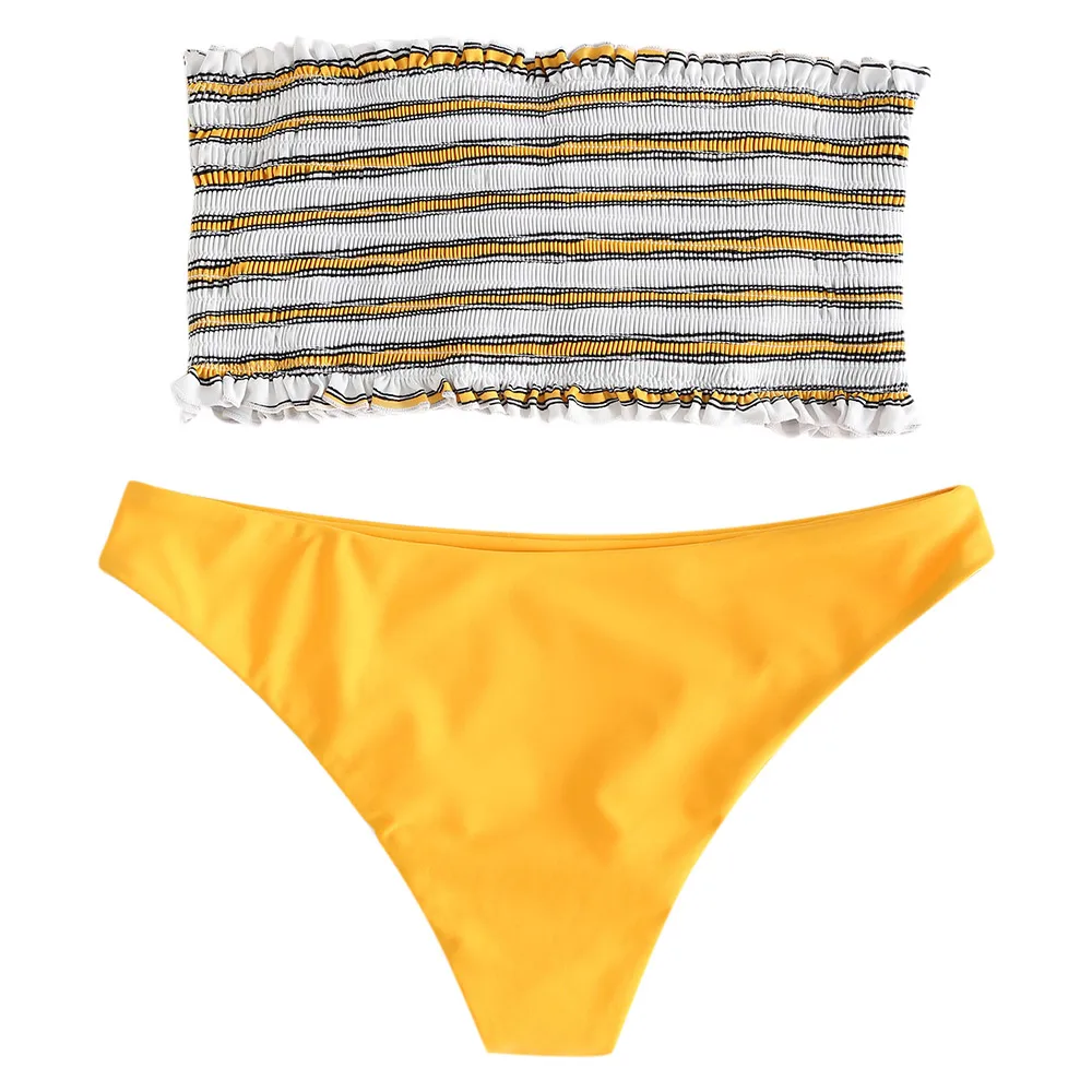 ZAFUL Bikini 2019 Striped Shirred Frilled Bandeau Set Women Strapless Ruffles Swim Suit Low Waisted Unlined Bathing | Женская одежда