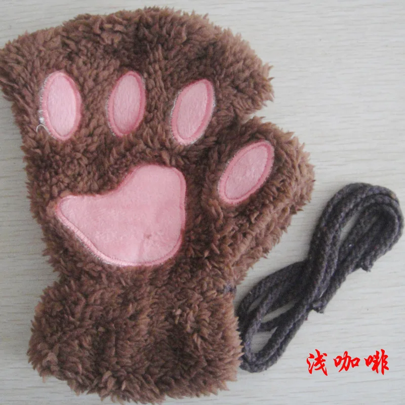Winter cute cartoon cat girl mitt thickening fluff bear paw half finger gloves G22 - Цвет: Light Coffee