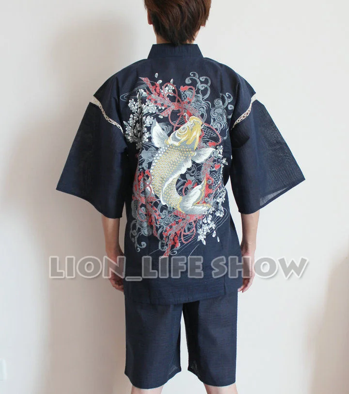 Biamoxer летние мужские японские джинбэй кимоно карп с коротким рукавом брюки одежда