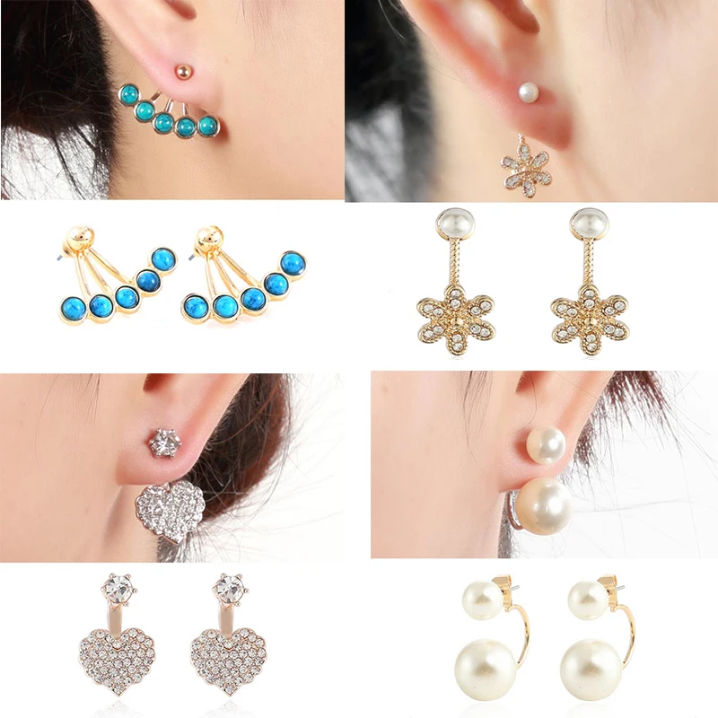 Hfarich Tibetan Blue Stone Bead Flower Heart Pearl Earring Jackets for Women Wedding Geometric Piercing Earing Jewelry Brincos |