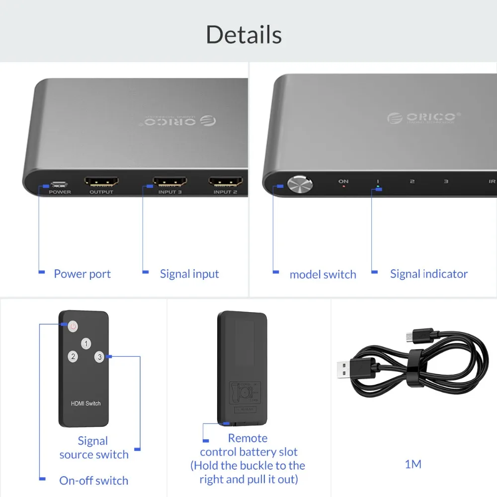 ORICO USB концентратор USB к алюминию 3 порта 4 к HDMI сплиттер инфракрасный дистанционное управление, разъем HDMI коммутатор для ПК ноутбук iOS Windows Linux PS3