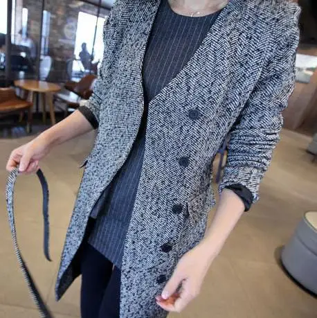 Осенне зимнее элегантное серое шерстяное длинное пальто с v образным вырезом