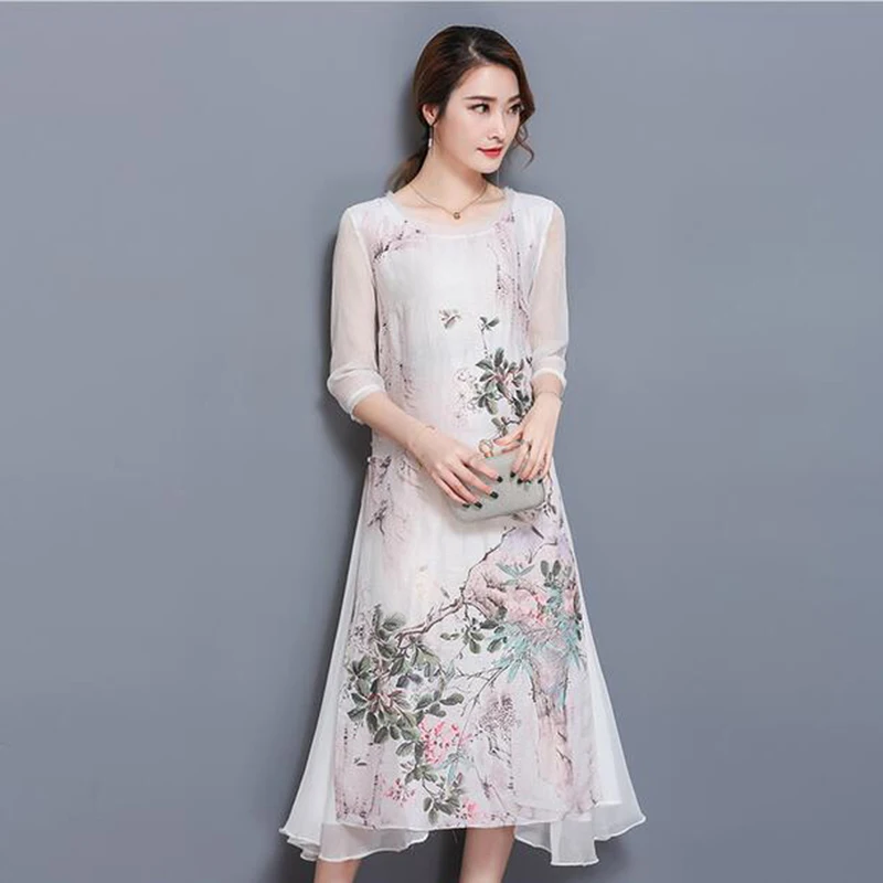Женское платье с принтом летнее длинное весеннее шелковое в стиле ретро большого