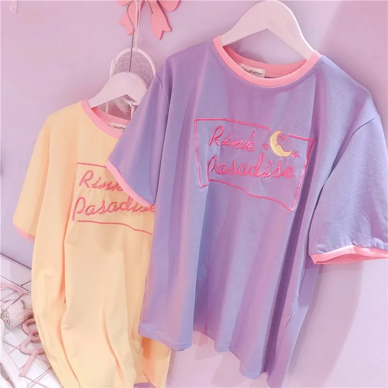 Женская модная футболка Корея ulzzang Harajuku стиль Японский дикий сладкий мягкий сестра Луна вышивка цвет соответствующие рубашка для студента