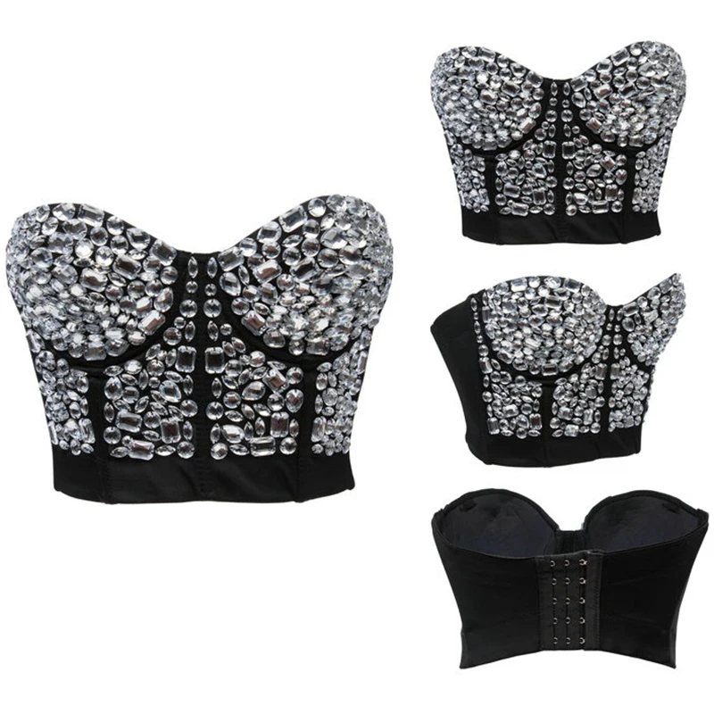 

Gothic Steampunk Beading Sequin Silver Sexy Bra Top Vintage Antique Push Up Dancer Bra For Women Night Club Wear Plus Size