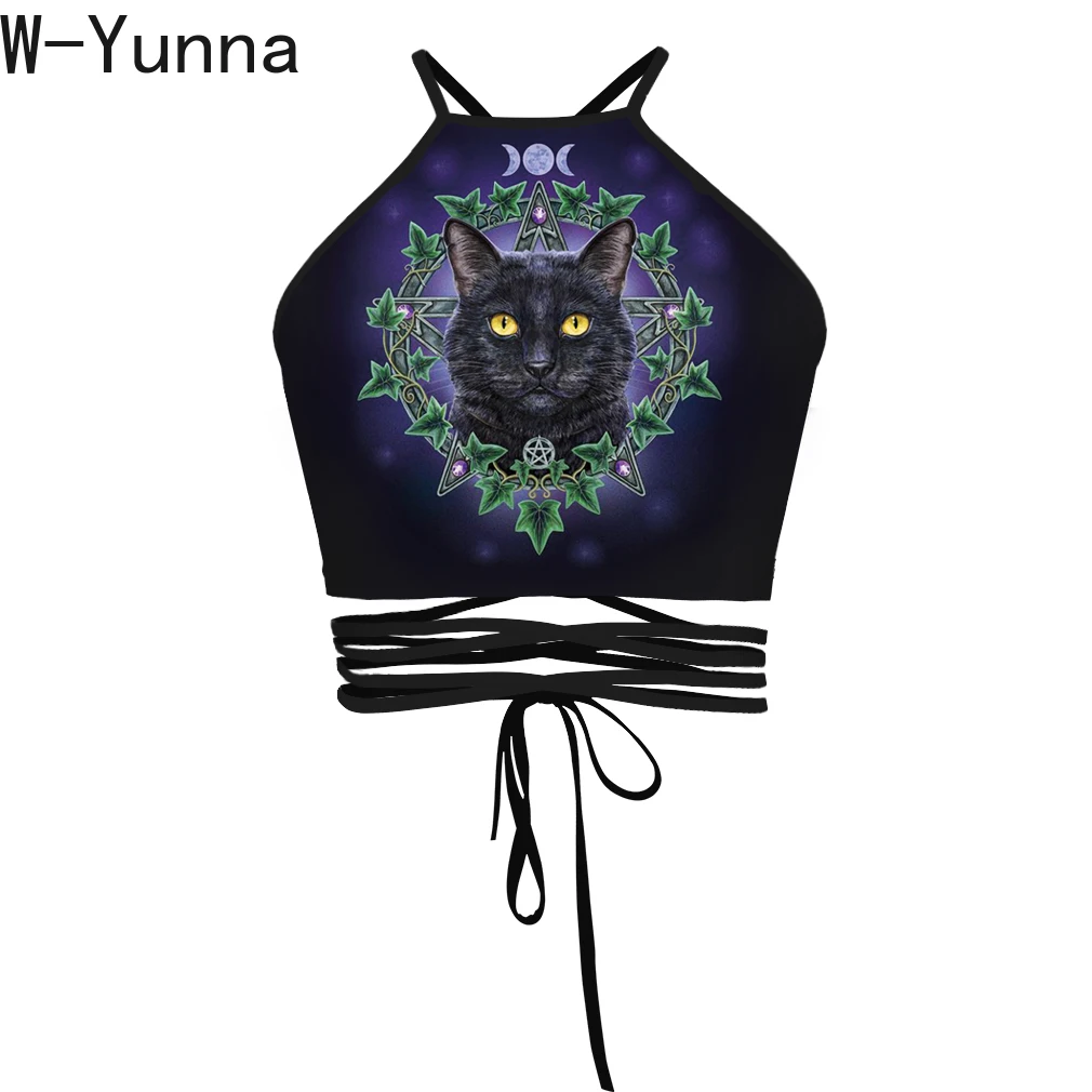 W-Yunna, новинка, летний сексуальный топ, модный, кот, Тай Чи, дерево, инопланетянин, Готическая уличная одежда, Череп, кроп-топ, женский, на шнуровке, топ на бретелях