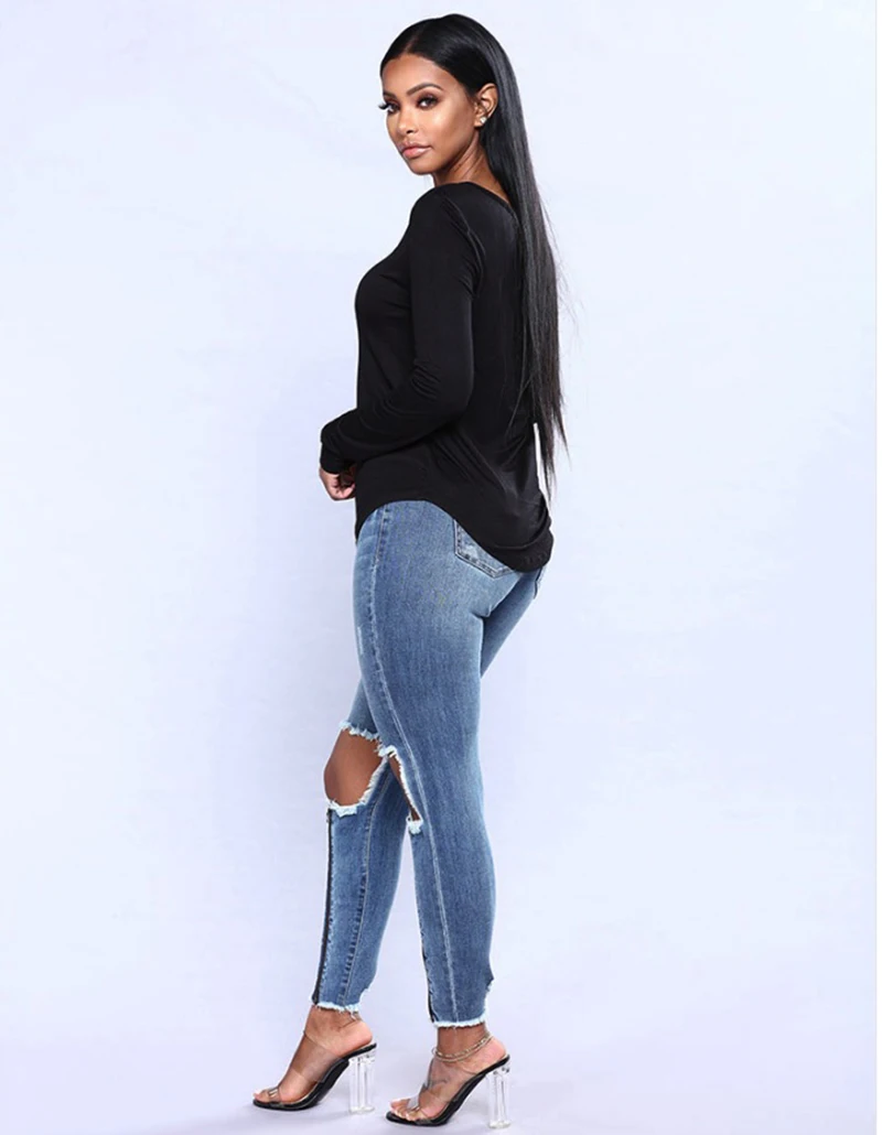 2018 ripped hole high street sexy Jeans Women High Waist Skinny Pencil Blue Denim Pants knee Zipper Elastic Stretch women | Женская
