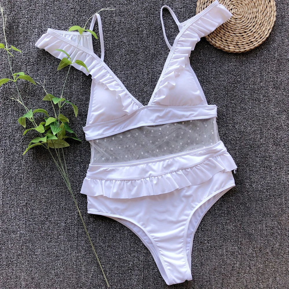 Женский купальник с v образным вырезом и оборками Цельный сексуальный сетчатый