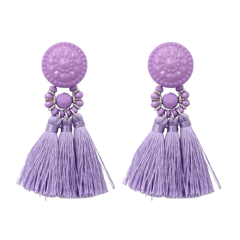 Purple Новые модные серебряные/Золотые сережки с кисточками для женщин, ручная работа, богемные Винтажные серьги с бусинами, этнические серьги-капли с бахромой, ювелирное изделие - Окраска металла: Purple