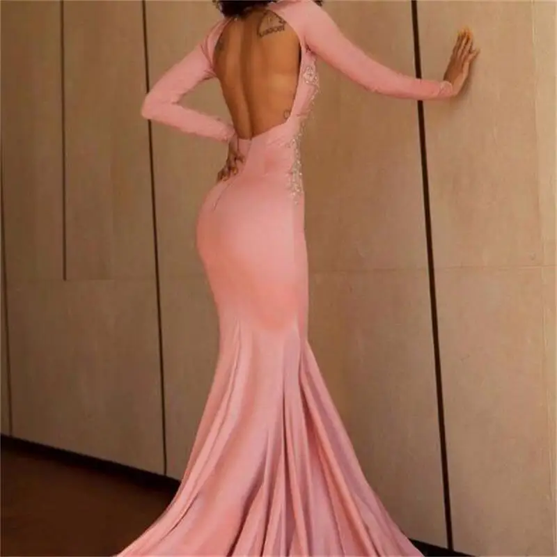 

African Arabic Mermaid Prom Dresses 2019 Long Sleeves Crystals Beaded Evening Gowns Backless Sweep Train Plus Size Party Dress