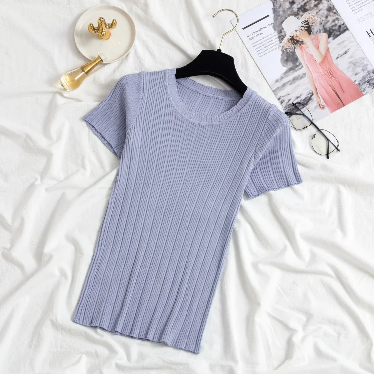 2019 Women Summer Tops Knitted Sweaters and Pullovers O Neck Short Sleeve Solid Knitting Tshirts all-match sleeve sweater | Женская