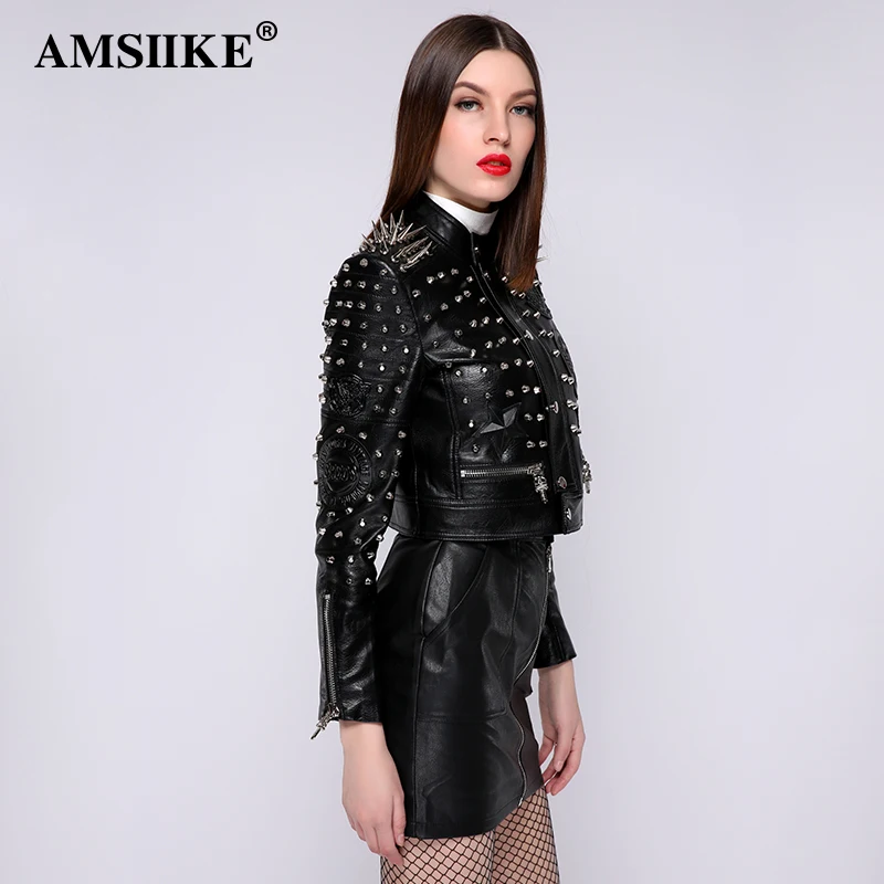 AMSIIKE Женская куртка осень весна в шипах из экокожи A17215|pu jacket|leather pu jacketpu leather jacket women