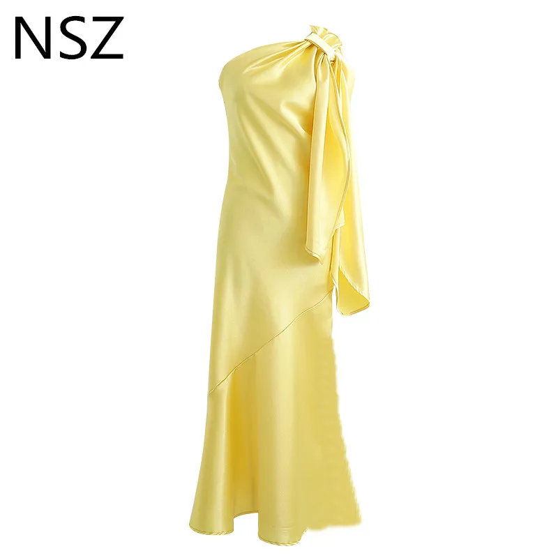 NSZ женское атласное нарядное платье Лето одно плечо длинное тонкое пикантное
