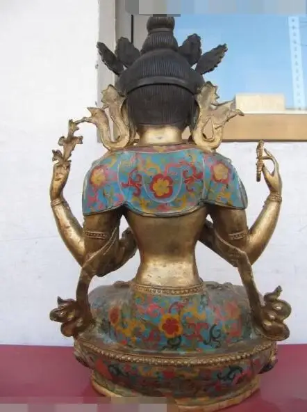 

S03458 Tibet Bronze cloisonne Four-arm Hands Avalokitesvara Kwan-Yin Buddha Statue