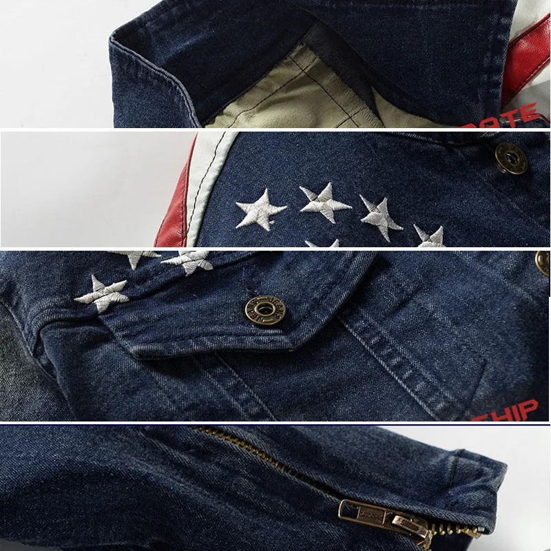 Новинка весна 2017 Модная Джинсовая куртка с кожаным флагом мужские стильные