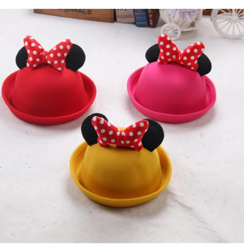 Мода Мультфильм Микки Шляпа Для Детей Бантом Шерстяного Войлока Fedora Шляпу Милый