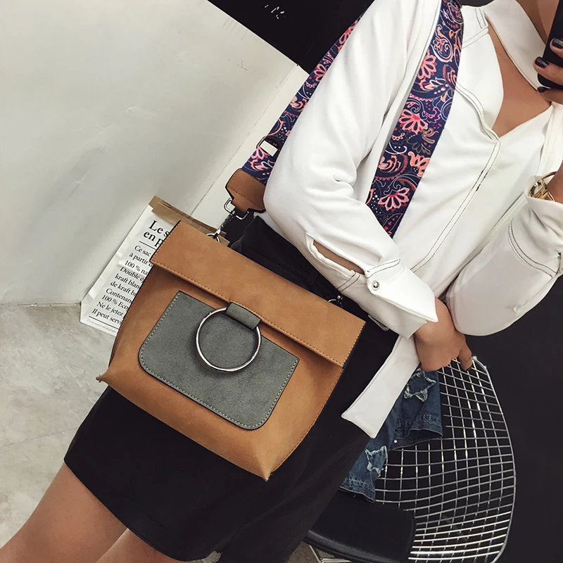 MYNOS Women Crossbody Bag Metal Ring Shoulder Suede Leather Messenger Patchwork Purse Bolsas Feminina SAC A MAIN Femme | Багаж и сумки